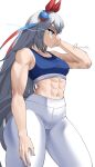  1girl abs absurdres animal_ears bare_shoulders blue_eyes blue_hairband blue_sports_bra breasts commentary ear_covers eye_trail grey_hair grey_tail hair_between_eyes hairband headband highres horse_ears horse_girl horse_tail leggings light_trail long_hair medium_breasts midriff multicolored_hairband navel obosounds simple_background solo sports_bra striped_clothes striped_hairband sweat tail tamamo_cross_(umamusume) two-tone_hairband umamusume very_long_hair white_background white_leggings 