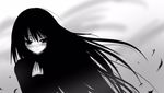  blush deku_(dekunosu) hand_on_own_chest long_hair monochrome original smile solo wind 