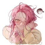  2girls alien_stage blush crying english_commentary female_pov glasses kuradrawings long_hair mizi_(alien_stage) multiple_girls one_eye_closed pink_hair pov simple_background solo_focus sua_(alien_stage) sweater tears wiping_tears yuri 