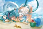  1girl absurdres animal_ear_fluff animal_ears aqua_hair ball beach beachball bikini bikini_skirt blue_bikini blue_nails blue_sky breasts cat_ears cat_girl cat_tail cleavage cloud colored_eyelashes commentary highres hitpig innertube large_breasts mint_(nte) mint_(saltwater_taffy)_(nte) multicolored_hair nail_polish neverness_to_everness official_alternate_costume open_mouth pink_hair pink_streaks sand skirt sky solo starfish streaked_hair swim_ring swimsuit tail thigh_strap top-down_bottom-up white_skirt 
