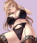  1girl ahoge black_bra black_garter_belt black_panties black_thighhighs bra breasts brown_hair cleavage closed_mouth commentary_request from_below full_cleavage garter_belt hair_between_eyes hair_ornament hairclip heterochromia highres kantai_collection large_breasts long_hair looking_at_viewer looking_down mature_female montemasa murasame_(kancolle) navel panties panties_over_garter_belt purple_background red_eyes sidelocks simple_background smile solo thighhighs underwear underwear_only 