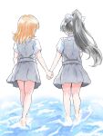  2girls barefoot black_hair commentary_request dress from_behind grey_dress hazuki_ren high_ponytail highres holding_hands kanikama_(kanikani4567) long_hair love_live! love_live!_superstar!! multiple_girls orange_hair pinafore_dress ponytail shibuya_kanon shirt sleeveless sleeveless_dress walking walking_on_liquid white_shirt 