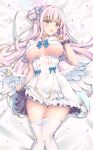  1girl angel_wings bare_shoulders bed_sheet blue_archive blue_bow blue_bowtie blush bow bowtie braid breasts cleavage clothes_lift clothes_pull commentary_request double_bun dress feathered_wings flower frills hair_bun hair_flower hair_ornament halo high-waist_skirt highres large_breasts long_hair looking_at_viewer low_wings lying mika_(blue_archive) natie on_back open_mouth panties pantyhose pantyhose_pull parted_lips pillow pink_hair pink_halo ribbon short_sleeves single_side_bun skirt smile solo thighs underwear very_long_hair white_dress white_panties white_pantyhose white_wings wing_ornament wings yellow_eyes 