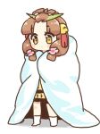  1girl blanket blush_stickers brown_hair closed_mouth commentary_request dot_mouth flower full_body hair_flower hair_ornament low-tied_sidelocks pink_flower sekaiju_no_meikyuu sekaiju_no_meikyuu_4 shadow sidelocks simple_background socks solo standing suno_(imydream) white_background white_socks wrapped_in_blanket xiuan_(sekaiju) 
