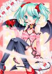  aqua_eyes aqua_hair demon_tail demon_wings fingerless_gloves gloves hatsune_miku headset heart marker_(medium) mocomoco_party open_mouth sample sitting skirt solo tail thighhighs traditional_media twintails vocaloid wings 