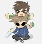  >_< 2boys :3 :d alcohol animification antenna_hair black_pants blue_hoodie blush_stickers bottle brown_hair brown_pants checkered_shoes chibi chibi_only commentary drawstring edd_(eddsworld) eddsworld full_body green_hoodie green_shoes grey_background hair_behind_ear hand_in_pocket head_on_head head_rest height_difference holding holding_bottle hollow_eyes hood hood_down hoodie indian_style jiugeaaa long_sleeves male_focus multiple_boys open_mouth pants shoes short_hair simple_background sitting smile sneakers spiked_hair standing standing_on_one_leg surprised swept_bangs tom_(eddsworld) untranslatable_commentary vodka 