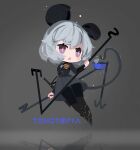  1girl absurdres alternate_costume animal_ears basket black_ears black_pantyhose black_skirt blush_stickers copyright_name dual_wielding full_body grey_hair highres holding holding_basket holding_dowsing_rod long_sleeves looking_at_another mouse_(animal) mouse_ears mouse_tail nazrin open_mouth pantyhose prehensile_tail purple_eyes reflective_floor simple_background skirt solo tail tohotopia touhou wanzilala16 