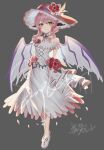  1girl absurdres alternate_costume animal_ears arms_behind_back artist_name bird_ears bird_wings brown_eyes brown_hat chinese_commentary closed_mouth commentary_request flower flower_request grey_background hat hat_flower highres l0e9s29p long_hair looking_at_viewer mystia_lorelei pink_flower pink_hair red_flower sample_watermark shoes simple_background smile solo touhou touhou_mystia's_izakaya watermark white_shoes wings 