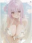  1girl absurdres artist_name beach bikini blue_archive blue_halo breasts cleavage closed_mouth commentary english_commentary english_text feathered_wings frilled_bikini frills hair_bun hair_ornament hair_scrunchie halo highres huge_breasts hyperlin3x large_breasts light_smile long_hair looking_at_viewer mika_(blue_archive) mika_(swimsuit)_(blue_archive) multicolored_halo navel official_alternate_costume outdoors pink_hair pink_halo scrunchie single_side_bun solo stomach swimsuit title twitter_username two-tone_halo water white_bikini white_scrunchie white_wings wings yellow_eyes 