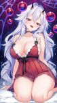  1girl antennae babydoll breasts cleavage commentary_request full_cleavage highres large_breasts long_hair looking_at_viewer red_babydoll shadowverse shadowverse:_worlds_beyond sham-nacha_(shadowverse) sharp_teeth sitting smile solo teeth umou_(may65879) white_hair 