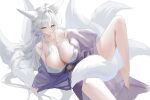  1girl absurdres animal_ears annlee azur_lane breasts cleavage closed_mouth commentary flower fox_ears fox_girl fox_tail hair_between_eyes hair_flower hair_ornament hakuhou_(azur_lane) hakuhou_(sunshower_fox_bride)_(azur_lane) highres huge_breasts japanese_clothes kimono kitsune long_hair long_hair_between_eyes looking_at_viewer multiple_tails purple_kimono simple_background solo tail white_background white_hair yellow_eyes 