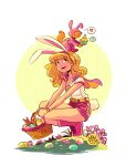  1girl alt_text animal_ear_hairband animal_ears artist_name basket black_eyes blonde_hair cape closed_mouth commentary dated dc_comics easter easter_egg egg english_commentary fake_animal_ears flower grass hairband highres long_hair mikemaihack rabbit_ear_hairband rabbit_ears rabbit_tail simple_background solo streaky_the_supercat supergirl superman_logo tail white_background 