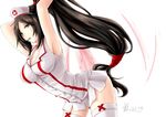  akali armpits arms_up black_hair breasts cleavage dated green_eyes hat large_breasts league_of_legends long_hair mueacaty nurse nurse_akali nurse_cap ponytail signature solo thighhighs very_long_hair white_legwear 
