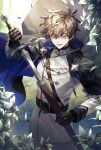  1boy absurdres belt blue_cape brown_hair cape coat commentary_request gloves green_eyes highres holding holding_sword holding_weapon kimpyogo knight korean_commentary leaf long_sleeves male_focus original short_hair smile sword upper_body weapon white_coat 