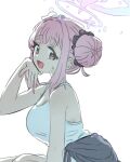  1girl absurdres backlighting blue_archive breasts commentary_request eyelashes hair_bun halo highres large_breasts long_hair mika_(blue_archive) nail_polish neophyte pink_hair simple_background sweat tank_top white_background yellow_eyes 