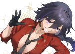  1girl black_collar black_gloves black_hair black_necktie blue_streaks breasts cleavage collar collared_shirt commentary_request crescent_pendant full_cleavage gloves gradient_hair grin highres ichinose_uruha large_breasts long_hair looking_at_viewer multicolored_hair necktie open_hand partially_unbuttoned pendant_collar ponytail purple_eyes red_shirt shinshi_mushi shirt sleeves_rolled_up smile solo streaked_hair virtual_youtuber vspo! 