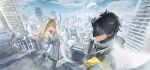  1boy 4girls absurdres animal_ears arknights arknights:_endfield bare_shoulders bird bird_ears bird_girl black_gloves black_hair black_mask black_pantyhose blindfold_mask blue_eyes building chen_qianyu_(arknights) chinese_commentary city closed_mouth cloud commentary_request dress endministrator_(arknights) gloves grey_hair highres jacket last_rite_(arknights) long_hair male_endministrator_(arknights) mask mr_nakedmans multiple_girls off_shoulder outdoors pantyhose perlica_(arknights) short_hair sky skyscraper tangtang_(arknights) white_bird white_dress white_jacket wide_shot 