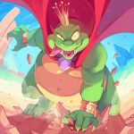  2018 3_toes 4_fingers barefoot bracelet cape claws clothing crocodilian crown detailed donkey_kong_(series) fangs headgear hi_res jewelry king king_k_rool kneeling kremling looking_at_viewer male musclegut muscular navel nintendo nude open_mouth overweight overweight_male pecs pose red_eyes reptile royalty scalie sharp_claws sharp_teeth slit_pupils smile solo sonyshock teeth thick_thighs toe_claws toes tongue tongue_out video_games 