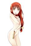  artist_request blush buratei_marii fan flat_chest joshiraku long_hair nude red_hair simple_background solo surprised sweat yellow_eyes 