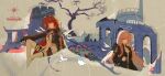 2girls absurdres adoptive_siblings ai_arctic_warfare arknights black_gloves black_jacket bolt_action detached_wings energy_wings exusiai_(arknights) exusiai_the_new_covenant_(arknights) facial_mark gloves gun halo highres jacket kaera laterano_logo lemuen_(arknights) multiple_girls one_side_up pearl_choker pink_hair red_hair rifle siblings sniper_rifle teardrop_facial_mark traditional_halo weapon white_halo wings yellow_eyes yellow_halo 
