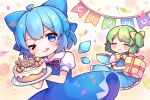  >_o 2girls :q ;q =_= ahoge birthday_cake blue_bow blue_dress blue_eyes blue_hair blue_sky blue_vest bow bowtie box cake candle cirno cirno_day closed_mouth coa_(chroo_x) collared_shirt commentary_request confetti daiyousei dress food gift gift_box green_hair hair_bow holding holding_gift looking_at_viewer multiple_girls neck_ribbon one_eye_closed one_side_up plate puffy_short_sleeves puffy_sleeves red_ribbon ribbon shirt short_hair short_sleeves sky smile string_of_flags tongue tongue_out touhou vest white_shirt yellow_bow yellow_bowtie 