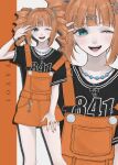  1girl :d ;d absurdres aqua_eyes black_shirt character_name commentary_request fingernails hair_ornament hairclip hand_up highres idolmaster idolmaster_(classic) kagenone looking_at_viewer nail_polish one_eye_closed open_mouth orange_hair orange_nails orange_overalls overalls print_shirt shirt smile solo standing star_(symbol) star_hair_ornament takatsuki_yayoi twintails zoom_layer 