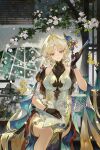 1girl absurdres blonde_hair book breasts chinese_clothes chinese_commentary commentary_request dress folded_fan folding_fan hair_intakes hair_ornament hair_stick hand_fan highres holding holding_book holding_fan jewelry large_breasts long_hair official_art parted_lips qipao roroc2x_x sitting smile solo suisui_(wuthering_waves) tacet_mark_(wuthering_waves) thighlet white_dress wuthering_waves yellow_eyes 