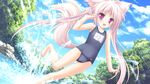  1girl animal_ears barefoot collarbone female foxgirl game_cg hanairo_heptagram light_rays loli long_hair lump_of_sugar miyuri moekibara_fumitake one-piece_swimsuit open_mouth pink_eyes school_swimsuit solo sunbeam sunlight swimsuit tail wading wallpaper water white_hair 