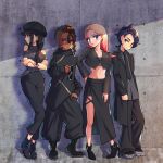  2boys 2girls against_wall alternate_costume alternate_hairstyle ankle_boots arms_at_sides black_boots black_coat black_eyes black_hair black_hat black_jacket black_necktie black_pants blonde_hair blue_eyes boots breasts brown_hair chain chain_necklace cleavage coat commentary_request crop_top cropped_jacket crossed_arms dark-skinned_male dark_skin earrings eyelashes full_body gradient_hair hat head_tilt high_heel_boots high_heels highres holding holding_removed_eyewear jacket jewelry lida_(pokemon) long_hair long_skirt looking_to_the_side medium_breasts meru_merume603 midriff multicolored_hair multiple_boys multiple_girls naveen_(pokemon) navel necklace necktie pants partially_shaded_face paxton_(pokemon) pink_hair pokemon pokemon_legends:_z-a profile purple_eyes shade short_hair side_slit signature skirt small_breasts standing taunie_(pokemon) unworn_eyewear 
