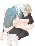  2boys animal_ears barefoot black_pants black_shirt blonde_hair blush cat_ears cat_tail censored commentary_request erection gotou_hayako hooded_shirt konoe_(lamento) lamento male_focus mosaic_censoring multiple_boys open_mouth pants penis pubic_hair rai_(lamento) sex shirt short_hair short_sleeves tail white_background white_hair yaoi 