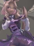  1girl absurdres animal_ears bare_shoulders blonde_hair blush bow bowtie breasts commentary_request dress ear_covers gloves grey_bow grey_bowtie highres horse_ears horse_girl horse_tail long_sleeves looking_at_viewer medium_breasts narita_top_road_(the_proud_road)_(umamusume) narita_top_road_(umamusume) open_mouth pen_gorou purple_dress purple_eyes short_hair single_ear_cover solo tail umamusume 