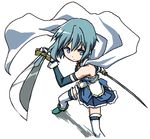  blue_eyes blue_hair cape deku_(dekunosu) dual_wielding elbow_gloves gloves holding magical_girl mahou_shoujo_madoka_magica miki_sayaka short_hair simple_background skirt solo sword thighhighs weapon white_background 