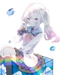  1girl 9-nine- 9ra4ki33 :t absurdres ahoge black_socks blush bow braid chest_bow closed_mouth commentary cube dress dutch_angle feet_out_of_frame frilled_dress frills green_ribbon grey_hair hair_ribbon hakusen_academy_school_uniform hand_up highres holding_cube kneehighs knees_together_feet_apart leaning_back long_hair long_sleeves looking_at_viewer niimi_sora pink_bow purple_eyes rainbow ribbon school_uniform short_dress side_ponytail sidelocks simple_background single_braid sitting socks solo white_background white_dress 