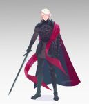  1boy a_song_of_ice_and_fire armor artist_name cape closed_mouth english_commentary full_body game_of_thrones holding holding_sword holding_weapon knight long_hair looking_at_viewer male_focus pauldrons purple_eyes rebekah_jin red_cape rhaegar_targaryen shoulder_armor solo standing sword weapon white_hair 