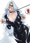  1boy 1girl absurdres black_bodysuit black_cat_(marvel) black_collar black_mask black_nails bodysuit breasts claw_pose collar commentary covered_navel earrings english_commentary eye_mask green_eyes grey_hair highres jewelry large_breasts layton_(sanlayton) leash lipstick long_hair looking_at_viewer makeup marvel marvel_rivals mask mole mole_under_mouth nail_polish red_lips spider-man spider-man_(original_suit) spider-man_(series) superhero_costume 