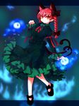  animal_ears bow braid cat_ears cat_tail dress extra_ears hair_bow kaenbyou_rin kamome long_hair multiple_tails no_socks orange_eyes pointy_ears red_eyes red_hair short_hair skull smile solo tail touhou twin_braids twintails 