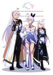  1girl 2boys absurdres ahoge bare_shoulders blue_eyes collar color_connection commentary cosplay costume_switch crossdressing crossdressing_(ftm) crossdressing_(mtf) english_commentary full_body hair_color_connection height_difference highres hino_satoshi honkai:_star_rail honkai_(series) honkai_impact_3rd kevin_kaslana kevin_kaslana_(cosplay) kiana_kaslana kiana_kaslana_(apho) kiana_kaslana_(cosplay) kiana_kaslana_(herrscher_of_finality) multiple_boys phainon_(honkai:_star_rail) ponytail seyyu_tsk14 short_hair voice_actor_connection white_background white_hair 