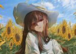  1girl absurdres blue_sky brown_hair character_request check_copyright cloud commentary_request copyright_request day dress dripping field flower flower_field frown hat head_tilt highres honey kyonkyon71 long_hair looking_at_viewer nature one_piece outdoors petals red_eyes sky solo summer sun_hat sunflower sunflower_field upper_body white_dress white_hat yellow_flower 