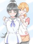  2girls :d :o ;d black_hair blue_background blush bow clothes_in_front commentary dress hair_bow hazuki_ren high_ponytail highres holding holding_unworn_clothes holding_unworn_dress kanikama_(kanikani4567) long_hair love_live! love_live!_superstar!! low_ponytail multiple_girls one_eye_closed open_mouth ponytail purple_eyes shibuya_kanon simple_background sleeveless sleeveless_dress smile teeth untranslatable_commentary unworn_dress upper_teeth_only very_long_hair white_bow white_dress wish_song_(love_live!) yellow_eyes 