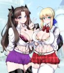  1girl 2girls alternate_breast_size_(larger) areola_slip arms_behind_back artoria_pendragon_(fate) bag belt bikini black_ribbon black_thighhighs blonde_hair blue_eyes blue_ribbon bra bracelet breasts brown_hair cleavage closed_mouth commentary earrings fate_(series) gggg gold_bikini gyaru hair_ribbon highres jewelry large_breasts long_hair looking_at_viewer medium_hair multiple_girls navel pendant pink_bra purple_skirt red_skirt ribbon saber_(fate) school_bag school_uniform shirt skirt smile stomach swimsuit thighhighs tied_shirt tohsaka_rin underwear v white_shirt white_thighhighs 