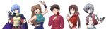  2boys 3girls absurdres aerith_gainsborough aerith_gainsborough_(cosplay) akaza_(kimetsu_no_yaiba) akaza_(kimetsu_no_yaiba)_(cosplay) alternate_hairstyle arm_guards arm_tattoo arm_up armor ayanami_rei bead_necklace beads belt black_gloves blue_eyes blue_hair blue_jacket blue_leotard blue_tattoo brown_eyes brown_hair cape chest_tattoo chun-li chun-li_(cosplay) commentary cosplay cowboy_shot cropped_jacket double_bun dress facial_tattoo final_fantasy final_fantasy_vi final_fantasy_vii flower fur-trimmed_gloves fur_trim gloves gold_bangle green_eyes grey_hair hair_between_eyes hair_bun hair_ribbon hand_on_own_hip hand_up hayashibara_megumi highres holding holding_flower ikari_shinji jacket jewelry kimetsu_no_yaiba kurama_(yu_yu_hakusho) kurama_(yu_yu_hakusho)_(cosplay) leotard lina_inverse lina_inverse_(cosplay) lineup long_hair long_sleeves makinami_mari_illustrious mandarin_collar multiple_boys multiple_girls nagisa_kaworu necklace neon_genesis_evangelion own_hands_clasped own_hands_together pants pauldrons pink_dress pink_ribbon ponytail purple_cape rebuild_of_evangelion red_eyes red_flower red_jacket red_rose red_vest ribbon rose sashimi_(sasihmi) shirt short_hair short_sleeves shoulder_armor slayers sleeveless sleeveless_jacket souryuu_asuka_langley street_fighter street_fighter_zero_(series) tattoo two-sided_cape two-sided_fabric v vest voice_actor_connection white_pants yellow_ribbon yellow_shirt yu_yu_hakusho 