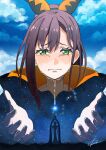  1girl blue_sky blush brown_hair cape cloud cloudy_sky commentary_request constellation constellation_print crying crying_with_eyes_open day furrowed_brow green_eyes hair_ribbon hands_up highres inhousedesignd1 long_hair looking_at_viewer orange_cape outdoors pleiades_watchtower ponytail portrait print_cape re:zero_kara_hajimeru_isekai_seikatsu ribbon sad scorpius_(constellation) shaula_(re:zero) sky sobbing solo space_print star_(sky) starry_sky_print streaming_tears tears upper_body 