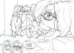  2girls alien_stage anakt_garden_uniform barefoot blush english_commentary english_text glasses greyscale heart heart_in_mouth highres jin_draws kiss long_hair mizi_(alien_stage) monochrome multiple_girls ponytail sitting sketch speech_bubble sua_(alien_stage) thought_bubble yuri 