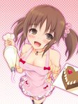  :d apron bad_id bad_pixiv_id bare_shoulders black_legwear breasts brown_eyes brown_hair cleavage food food_on_face hair_ornament heart highres idolmaster idolmaster_cinderella_girls jewelry large_breasts looking_at_viewer necklace okuri_banto open_mouth pastry_bag sleeves_pushed_up smile solo thighhighs totoki_airi twintails 