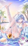  1girl absurdres ball bare_shoulders beachball bikini blue_hair blue_nails breasts cleavage colored_inner_hair commentary_request facial_mark feet green_eyes hair_between_eyes hair_ornament halo hand_up head_wings heart heart_facial_mark highres holding holding_unworn_sandals honkai:_star_rail honkai_(series) jewelry jndfh knee_up large_breasts leg_up legs long_hair looking_at_viewer multicolored_hair multicolored_nails necklace official_alternate_costume outdoors parted_lips purple_hair robin_(honkai:_star_rail) robin_(summeretto)_(honkai:_star_rail) sandals sarong sitting solo star_(symbol) star_facial_mark starfish_hair_ornament swimsuit thighhighs toeless_legwear toes very_long_hair wet_thighhighs white_bikini white_sandals white_thighhighs wings yellow_nails 