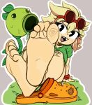  1girl barefoot blonde_hair commentary crocs english_commentary feet foot_focus goggles goggles_on_head grey_background highres looking_at_viewer missing_tooth new_world-9 open_mouth peashooter_(plants_vs._zombies) personification plants_vs._zombies shoes simple_background soles sunflower_(plants_vs._zombies) toes unworn_shoes 