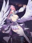  1girl absurdres breasts building chinese_commentary cleavage commentary_request detached_sleeves dress feathered_wings hakusama233 highres large_breasts medium_hair midair pink_hair purple_eyes remielle_dan sky skyscraper solo star_(sky) starry_sky thighhighs thighs white_dress white_thighhighs white_wings wings zenless_zone_zero 