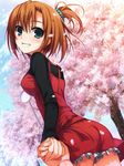  1girl absurdres blue_eyes dress female hand_holding harada_taiko highres kimi_to_issho_ni official_art red_dress red_outfit sakura solo tomose_shunsaku tree 