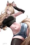 1girl animal_ears arm_warmers armpits artist_name black_arm_warmers black_tank_top black_thighhighs blonde_hair blue_eyes blue_shorts breasts commentary denim denim_shorts ern_kri hair_over_one_eye high_ponytail highres horse_ears horse_girl horse_tail large_breasts licking_lips long_hair looking_at_viewer midriff navel navel_piercing piercing ponytail shorts sigrid_de_l'azur simple_background solo tail tank_top thighhighs thighs tongue tongue_out v very_long_hair white_background zenless_zone_zero 