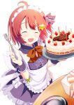  1girl :d ^_^ absurdres ahoge aig8654fez apron back_bow birthday_cake black_bow black_skirt black_wrist_cuffs bow bowtie breasts cake candle closed_eyes collar commentary_request cowboy_shot detached_collar dual_wielding facing_viewer food fork frilled_bow frilled_collar frilled_skirt frilled_wrist_cuffs frills fruit hair_bow hair_ornament hands_up happy happy_birthday highres holding holding_fork holding_tray hoshizora_no_memoria maid maid_apron maid_headdress medium_breasts minahoshi_asuho miniskirt one_side_up open_mouth orange_bow orange_bowtie pleated_skirt red_hair simple_background skirt smile solo star_(symbol) star_hair_ornament strawberry tray white_background white_bow wrist_cuffs 
